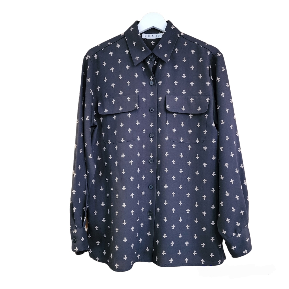 Chaus Size 8 Petite Vintage Charcoal Grey Blouse with  Fleur De Lis design